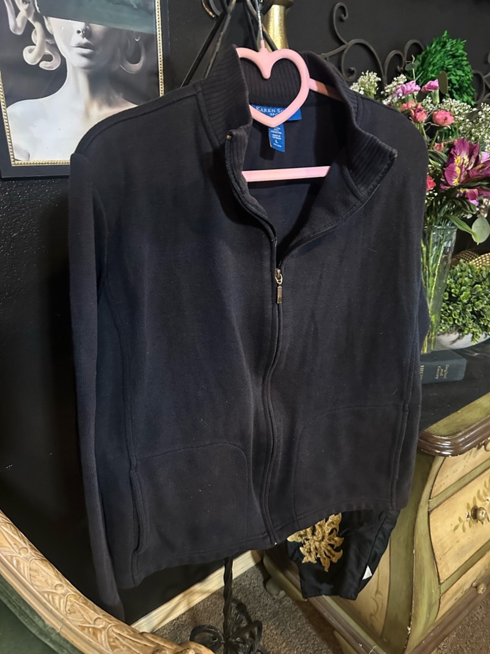 Karen Scott Black Zip-Front Fleece Pullover